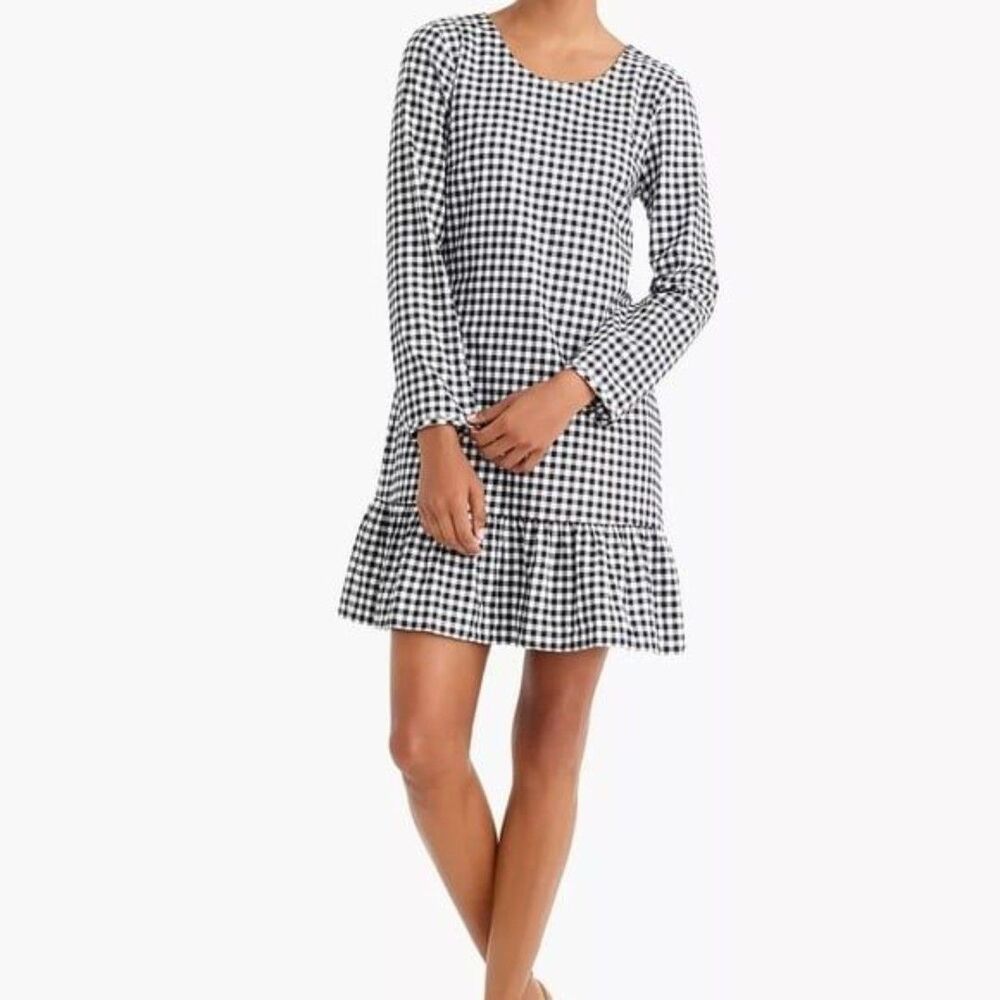 J. Crew Factory Black White Buffalo Plaid Ruffle Hem Long Sleeve Dress. XXS.